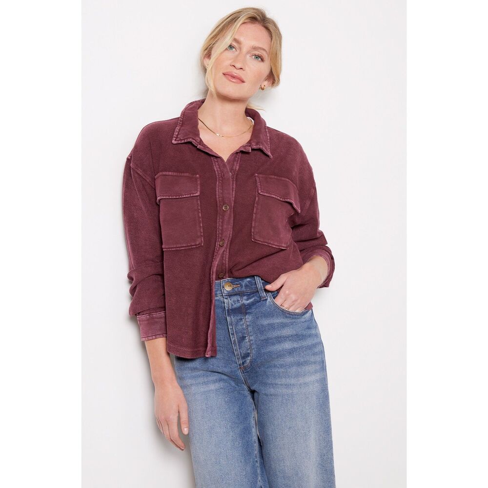 Women's EVEREVE Evy Mineral Wash French Terry Shirt Jacket in Burgundy Size S